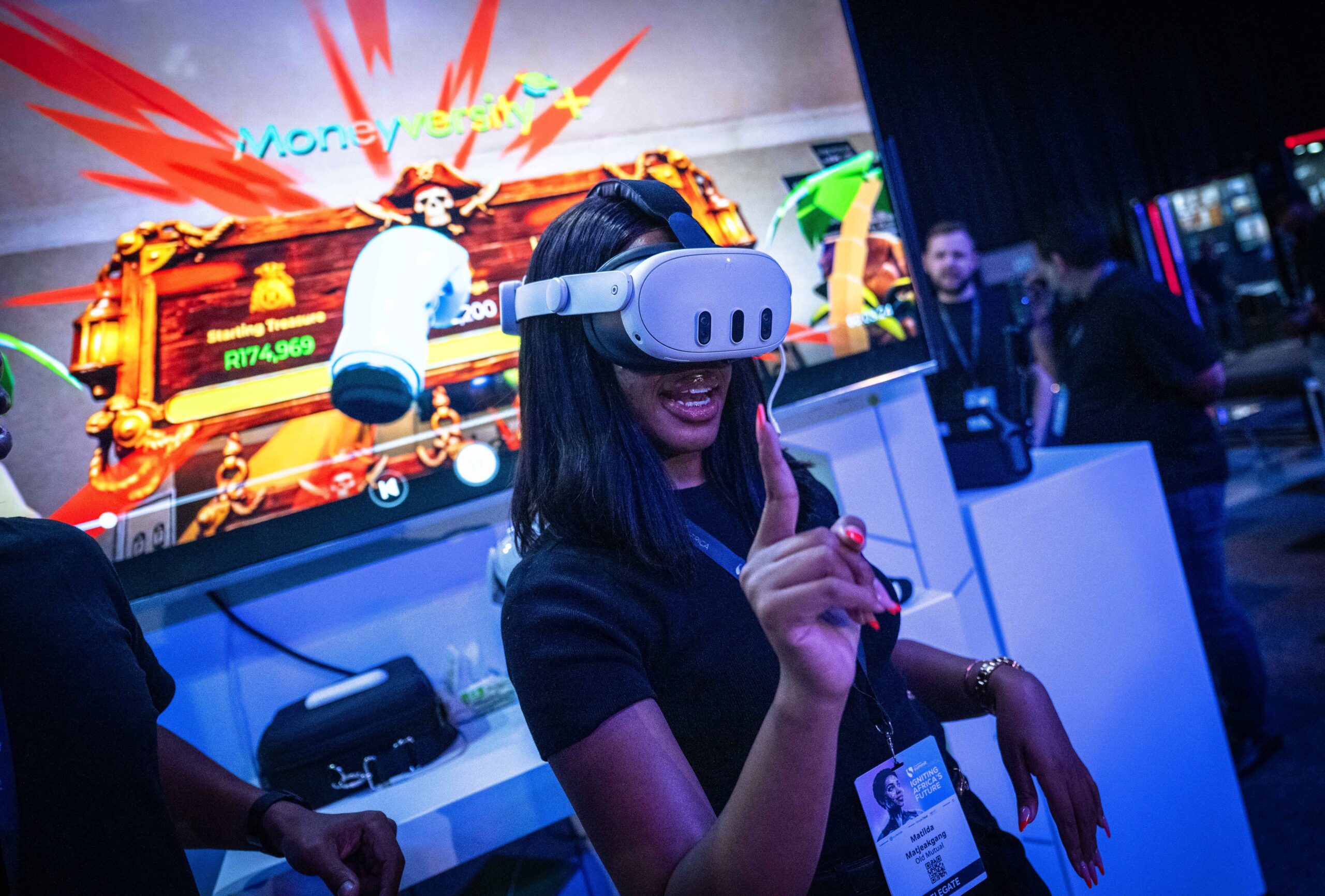 Attendee trying a VR headset at the expo